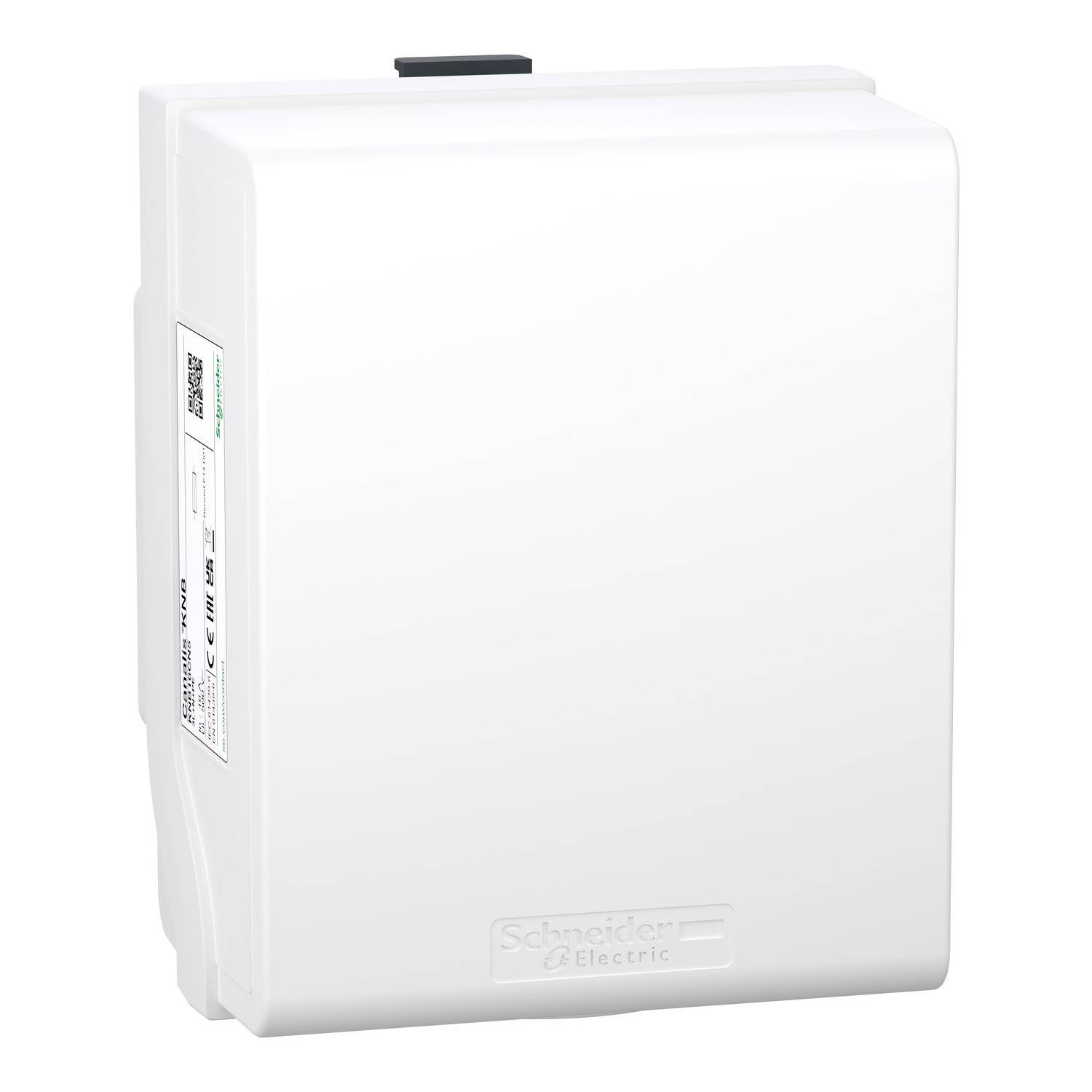 Weißes Elektrokastengehäuse mit 'Schneider Electric'-Logo. Geeignet für elektrische Installationen, Wandmontage.
