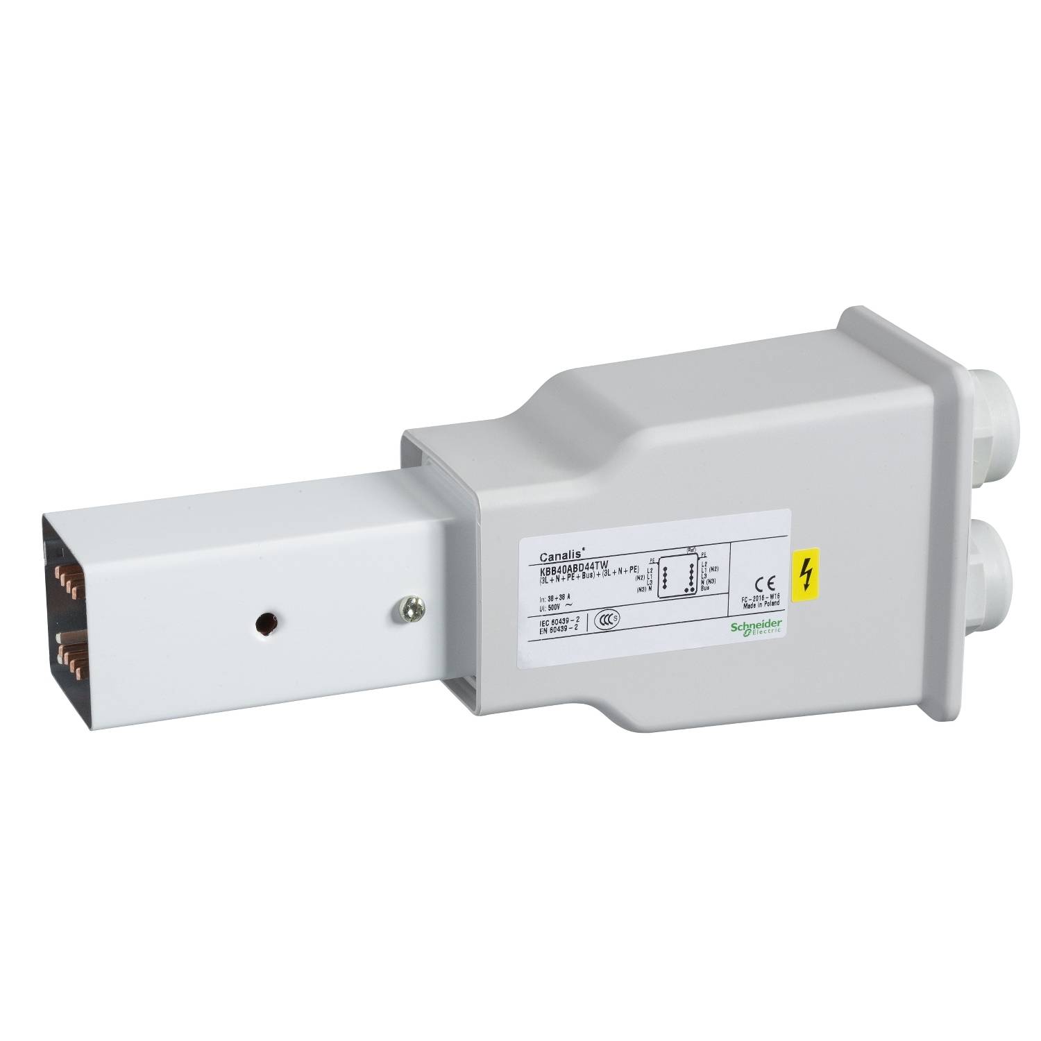 Ein weißes elektrisches Schaltschrankzubehör mit Beschriftung. Es hat mehrere Steckverbindungen und einen gelben Blitz zur Kennzeichnung von Strom.
