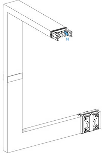 Diagramm eines rechtwinkligen Kabelkanalsystems mit Eckverbindung und integrierter Halterung. Oben ist ein Schaltfeld zu sehen.