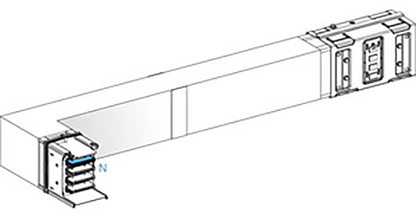 Technische Zeichnung eines rechteckigen Lüftungselements mit geöffnetem Endstück, das Lüftermodule zeigt; blau markiert: Punkt 'N'.
