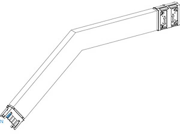 Ein technisches Diagramm zeigt einen abgewinkelten Strahlträger mit zwei Montageplatten an einem Ende und einem runden Anschluss am anderen.