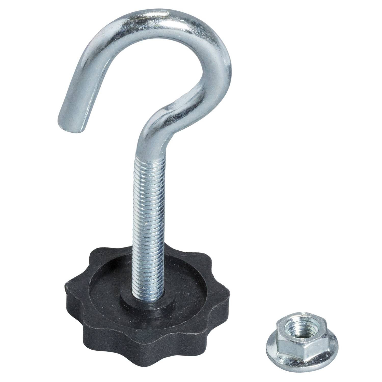 Ein silberfarbener Metallhaken mit einem schwarzen, sternförmigen Griff und einer Mutter daneben. Eignet sich zum Aufhängen und Befestigen.