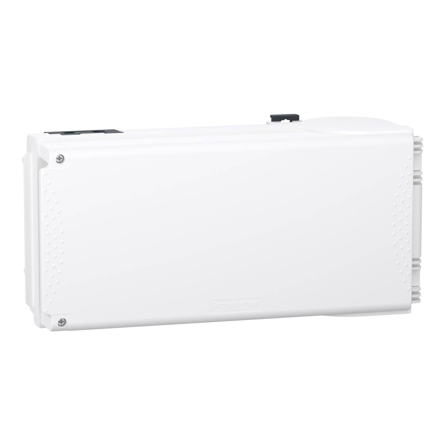 Weiße rechteckige Box mit glatten Kanten und leicht strukturierten Seiten, mögliche Elektrokomponente.