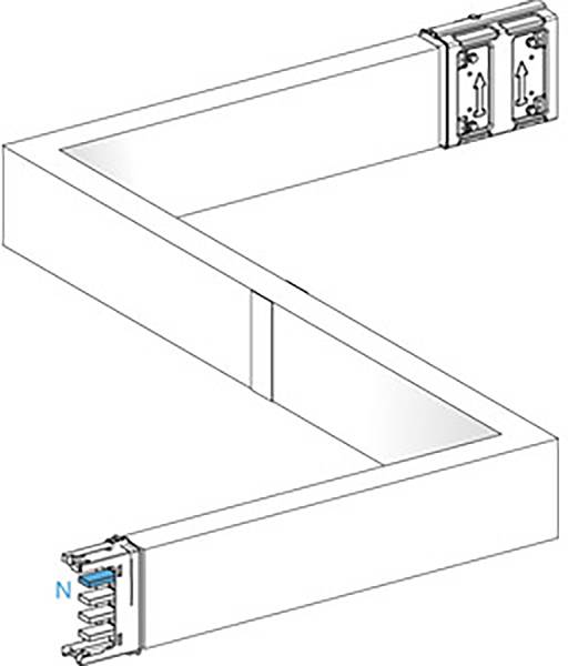 Ein Diagramm eines rechtwinkligen Kabelkanals mit Beschlägen an beiden Enden und einem blauen Marker 'N' an der linken Seite.