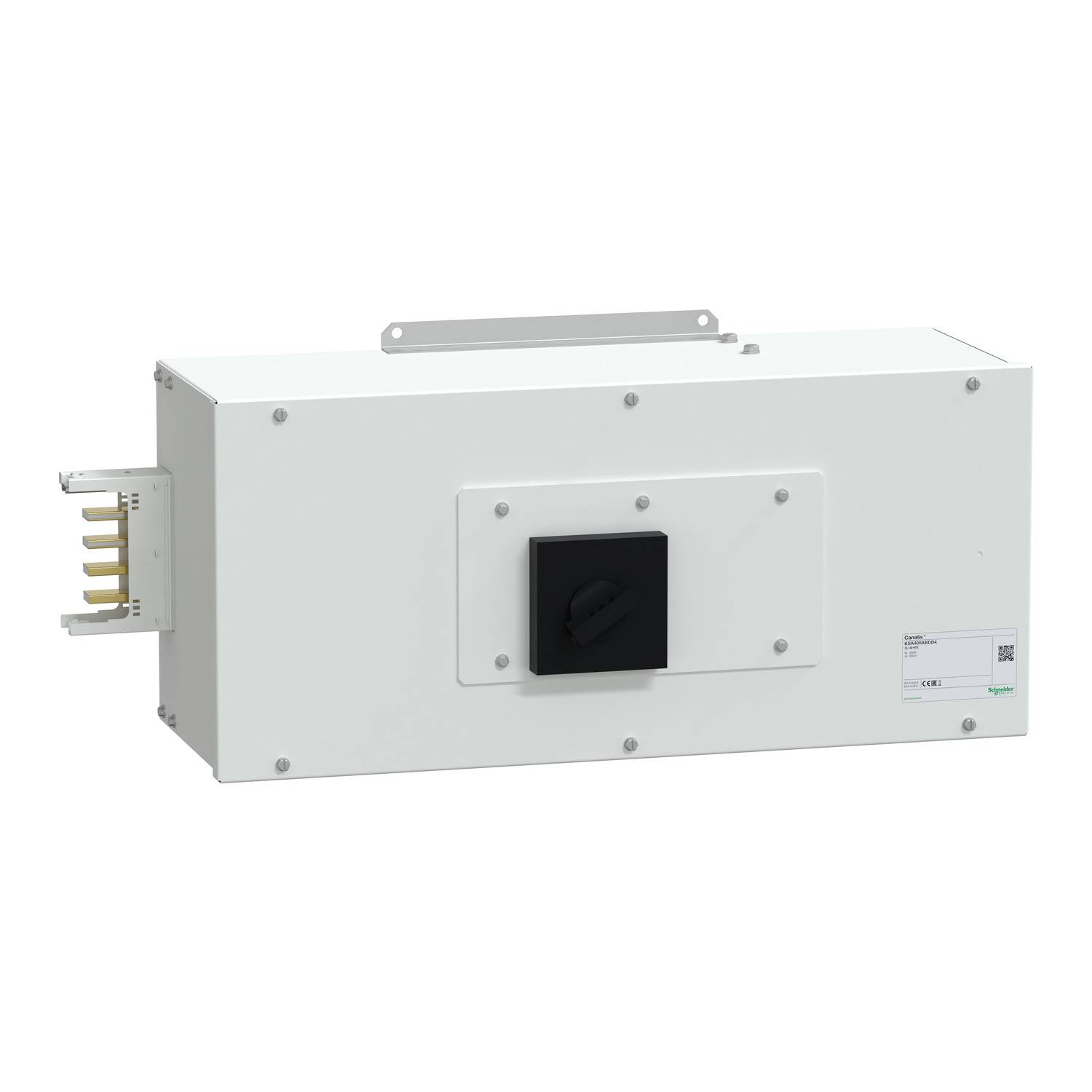 Schaltgerät in rechteckigem Gehäuse mit Drehknopf in der Mitte. Seitenansicht zeigt elektrische Anschlüsse.