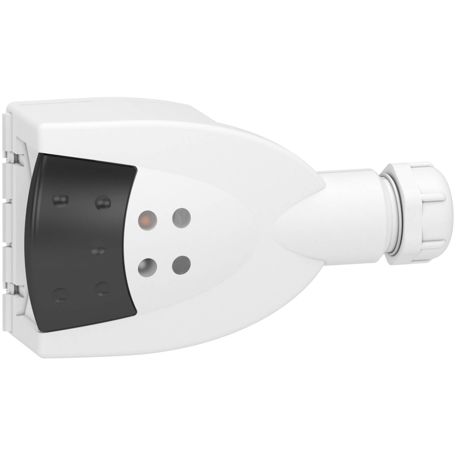 Ein weißer Steckeradapter mit schwarzer Frontabdeckung und Löchern, geeignet für elektrische Verbindungen oder Geräte.