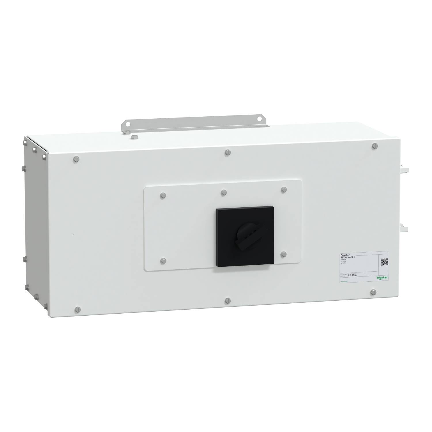 Ein rechteckiges, weißes elektrisches Gehäuse mit einem schwarzen Drehschalter in der Mitte.