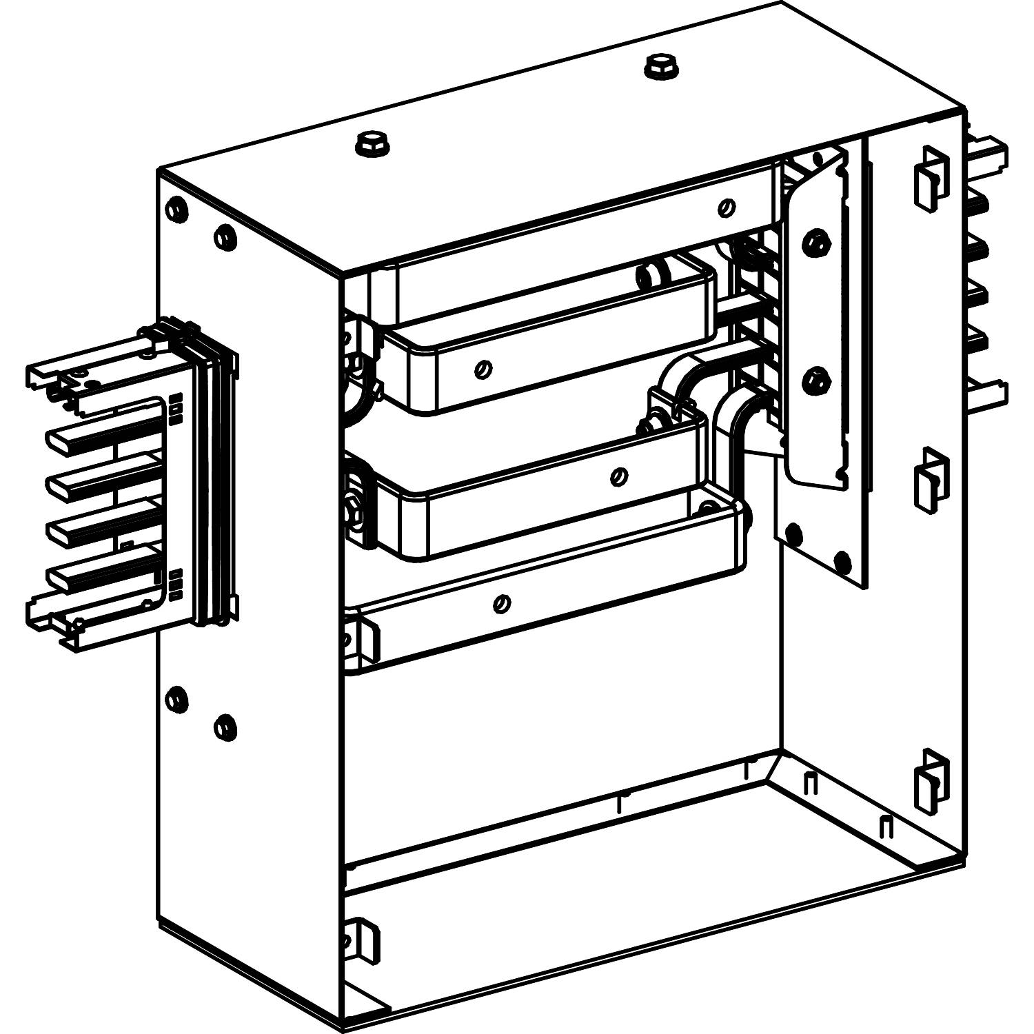 Ein technisches Diagramm zeigt den Querschnitt eines elektrischen Verteilerkastens mit sichtbaren Schienen und Stromleitungen.