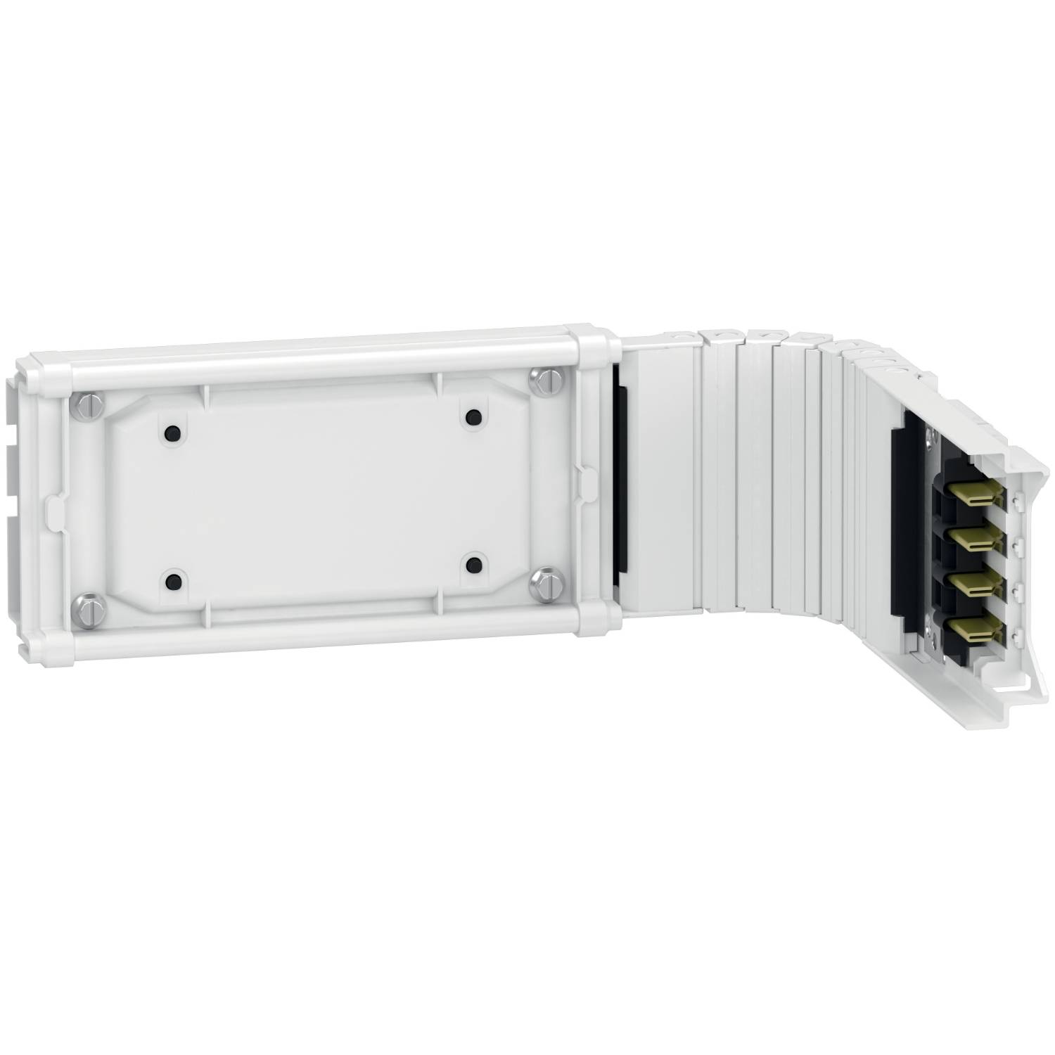 Ein aufklappbares, weißes Elektronikgehäuse mit mehreren Steckkontakten und Schraubenlöchern, bereit für die Installation.