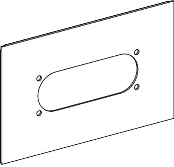 Technische Zeichnung einer rechteckigen Platte mit ovaler Aussparung in der Mitte und vier Bohrungen an den Ecken.
