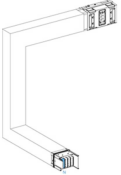 Diagramm eines L-förmigen Lüftungskanals mit zwei rechteckigen Anschlüssen an den Enden, markiert mit einem blauen N.