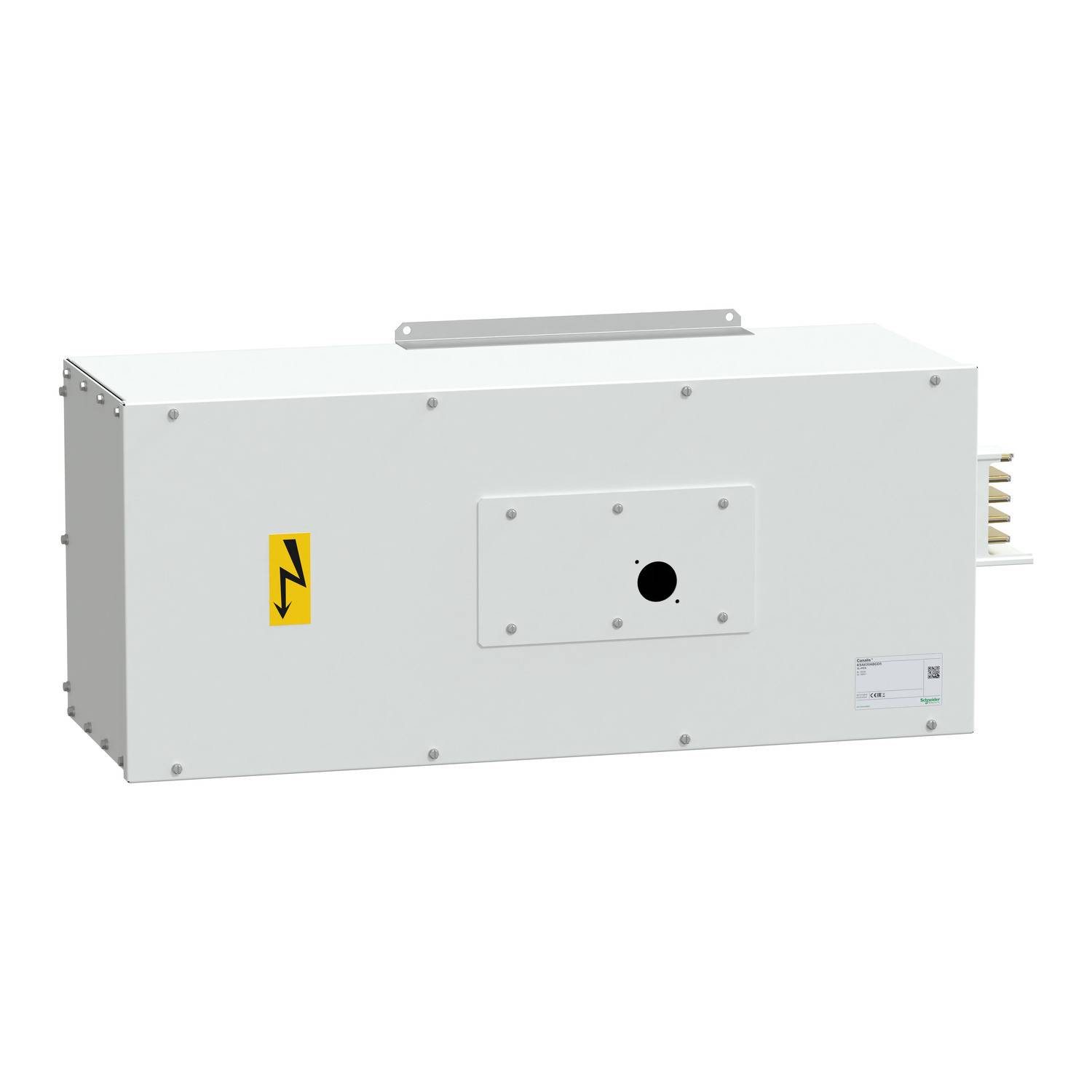 Ein rechteckiges elektrisches Gerät mit einem Warnsymbol für Hochspannung auf der Vorderseite und Anschlussklemmen auf der rechten Seite.