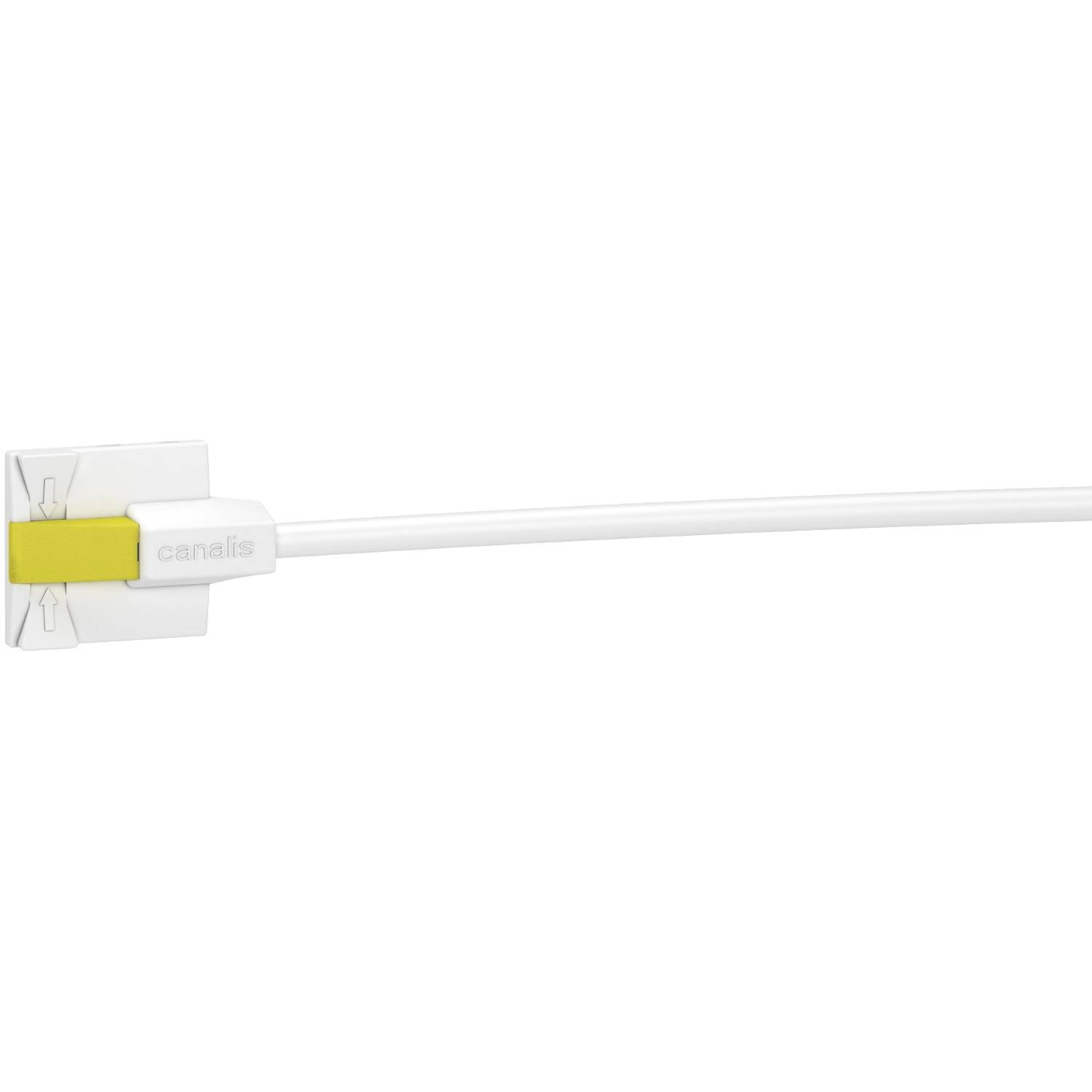 Ein Anschlussstecker an einem weißen Kabel, teilweise gelb markiert, mit der Aufschrift 'canalis' auf dem Stecker.