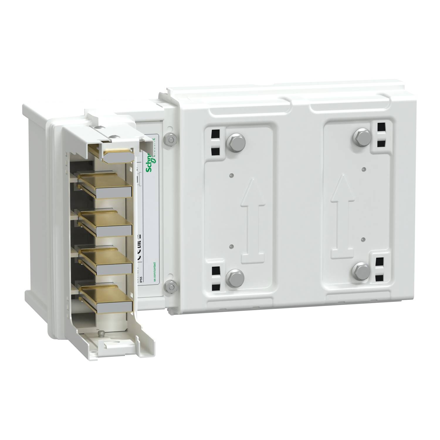 Ein weißes Gehäuse mit mehreren Ethernet-Ports und Pfeilen auf der Frontabdeckung, möglicherweise für Netzwerkanschlüsse.