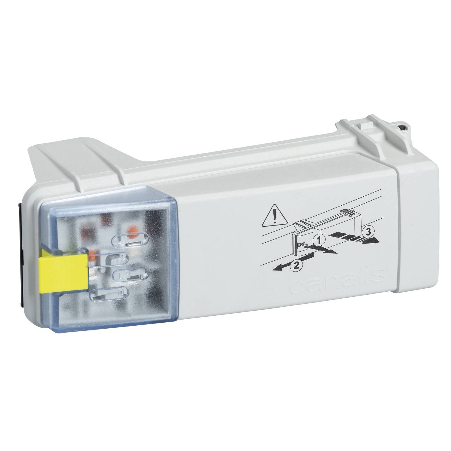 Ein elektrisches Gerät mit einem transparenten Abschnitt und gelbem Etikett. Darüber ein Warnsymbol und eine Diagrammabbildung zur Installation.