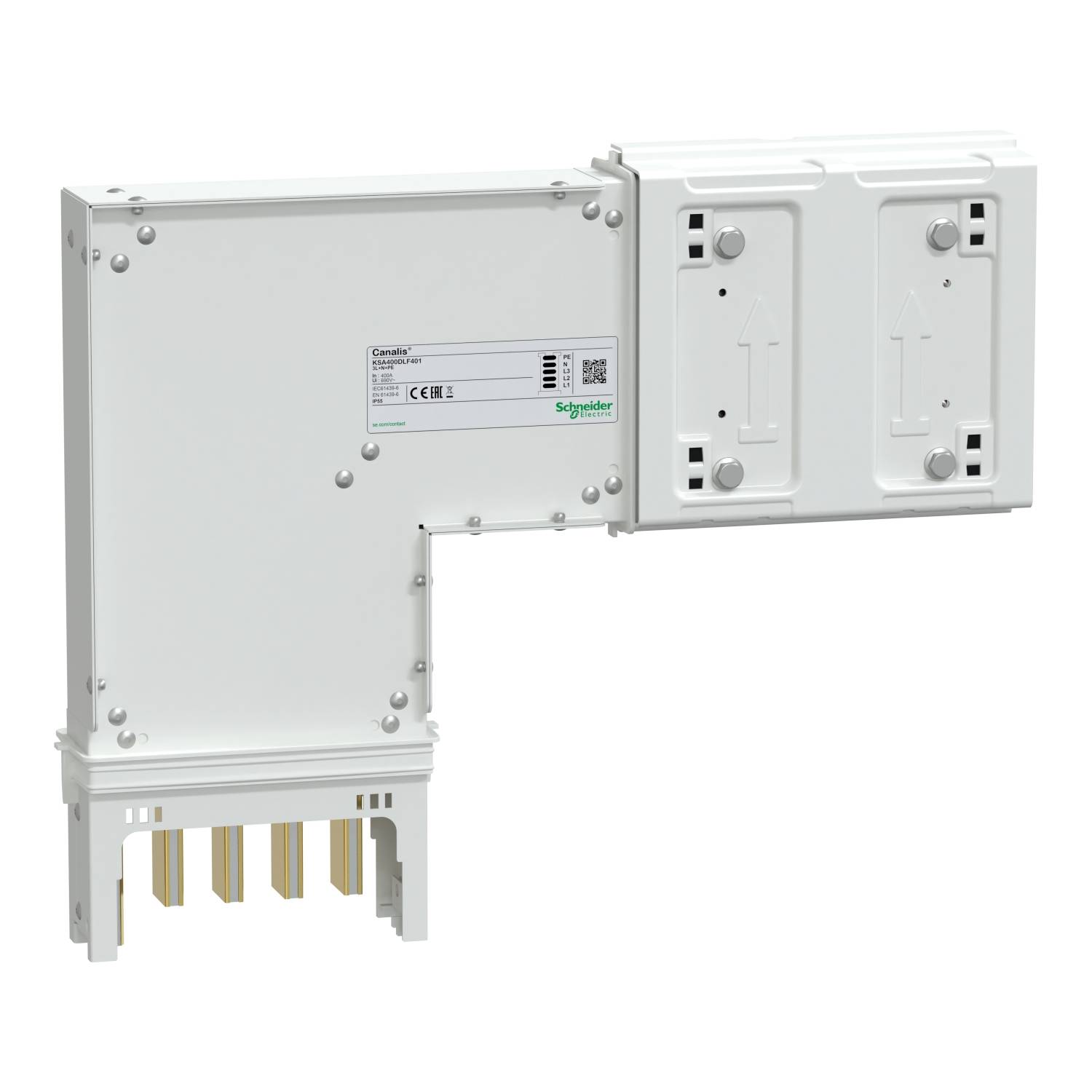 Eine weiße, rechteckige elektrische Komponente mit mehreren Anschlüssen und einem Herstelleretikett befindet sich auf der rechten Seite.