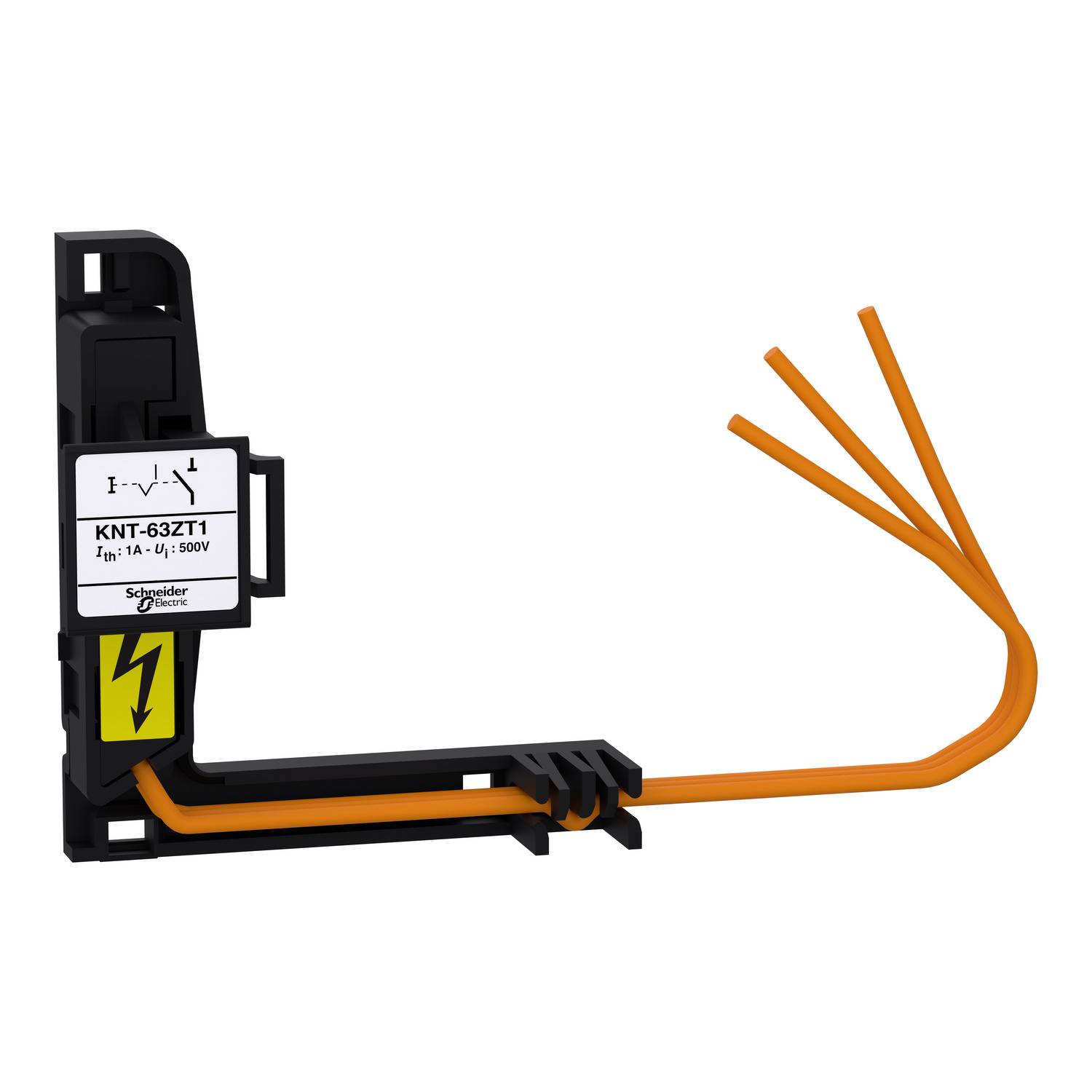 Schwarzes elektrisches Gerät mit orangefarbenem Kabel. Beschriftet mit 'KNT-632T1, In 1kA, 0.5 kV'. Symbol für elektrische Spannung vorhanden.
