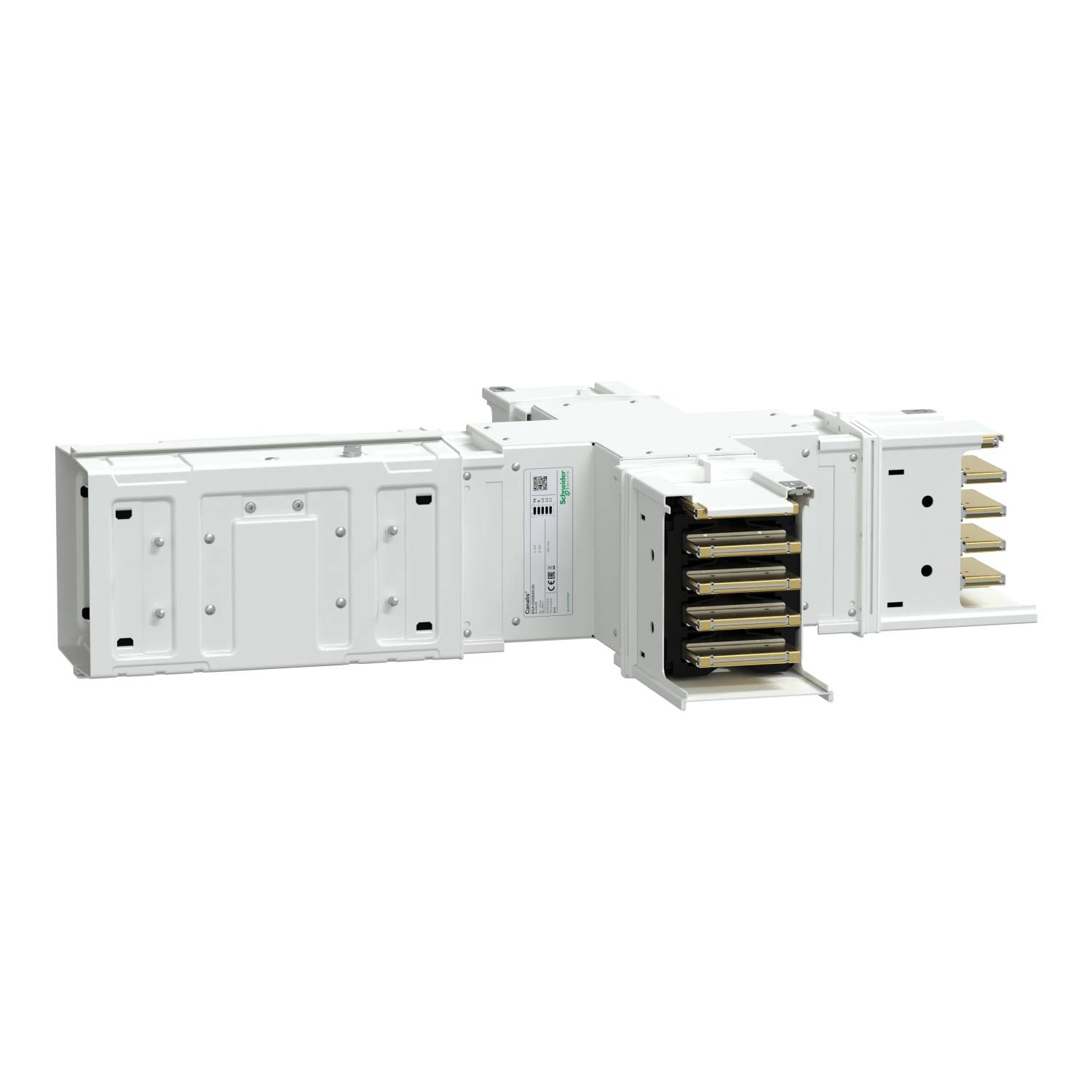 Ein weißer, modularer elektronischer Baustein mit mehreren Steckplätzen, sogenannten Karten, die teilweise herausgezogen sind.