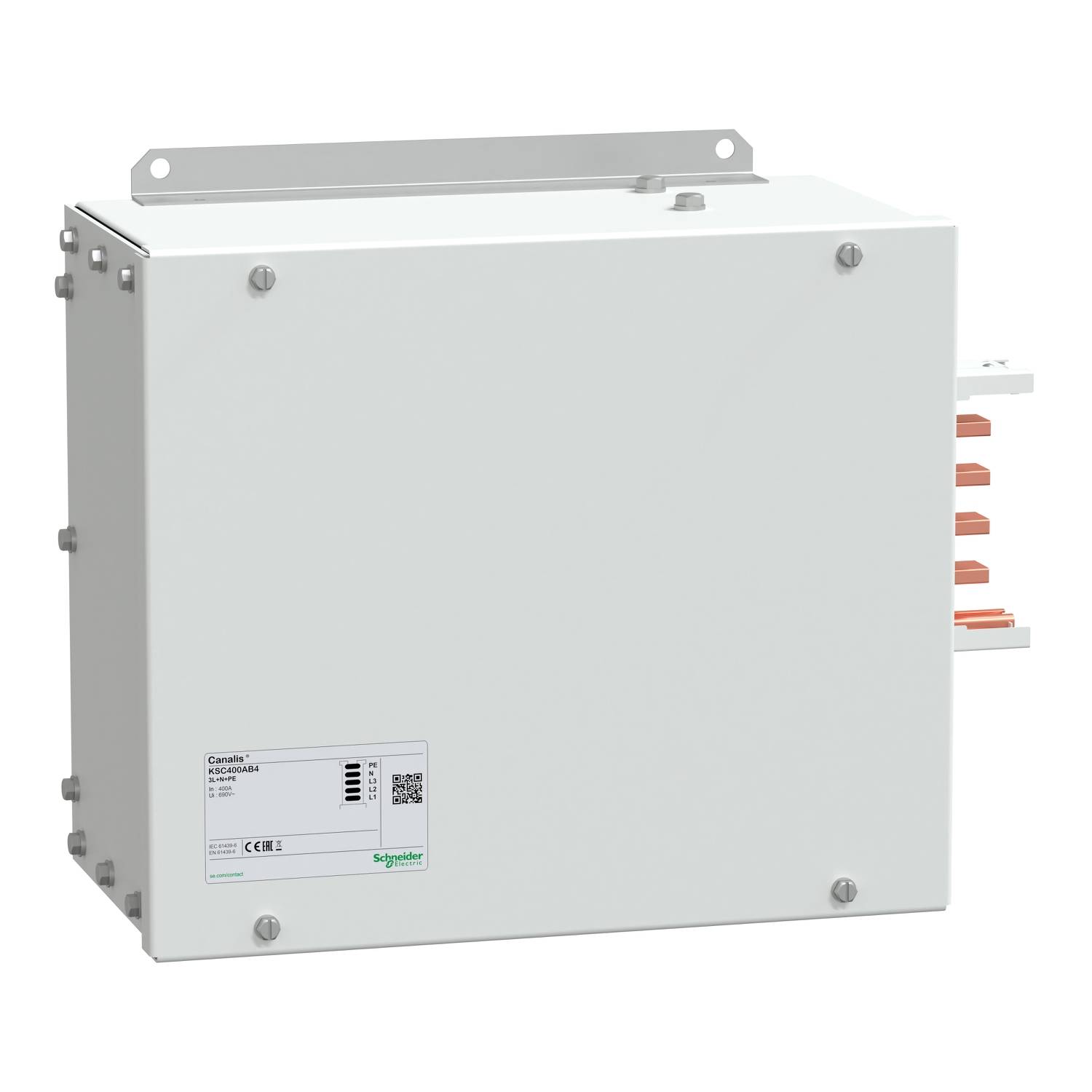 Ein weißer Schaltkasten mit einem Metallträger und mehreren Kupferanschlüssen, geeignet zur Verteilung elektrischer Energie.