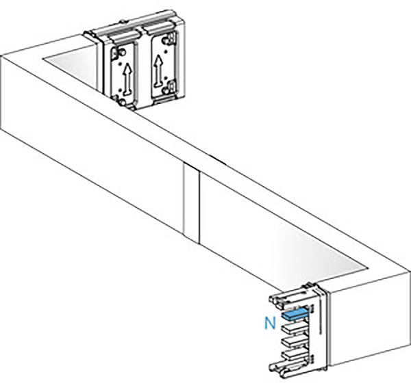 Ein Querschnitt eines linearen Schienensystems mit elektrischen Anschlüssen und zwei Steckverbindern, Pfeile zeigen die Richtung.