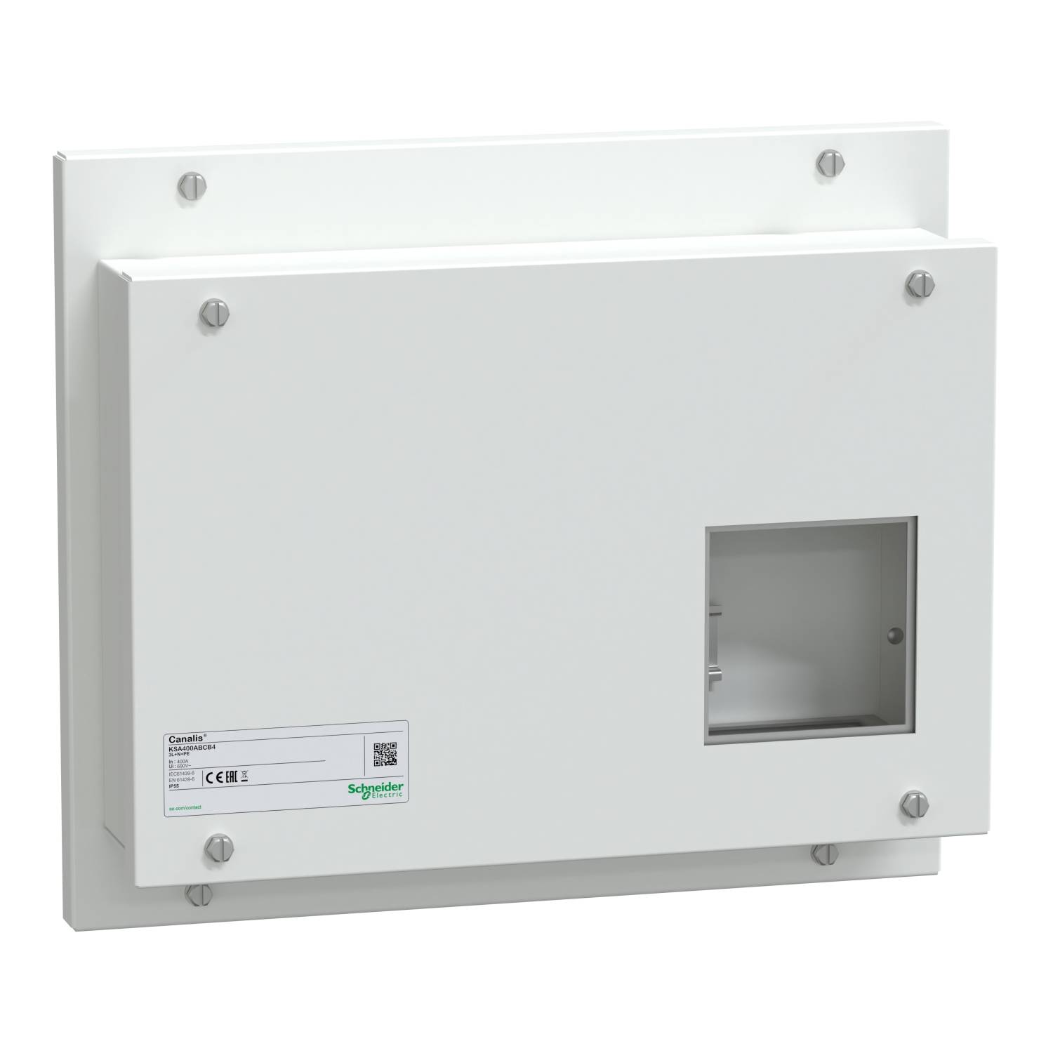 Weiße, rechteckige elektrische Verteilerdose mit Schrauben und sichtbarem Fach. Aufkleber mit Herstellerinformationen unten links.
