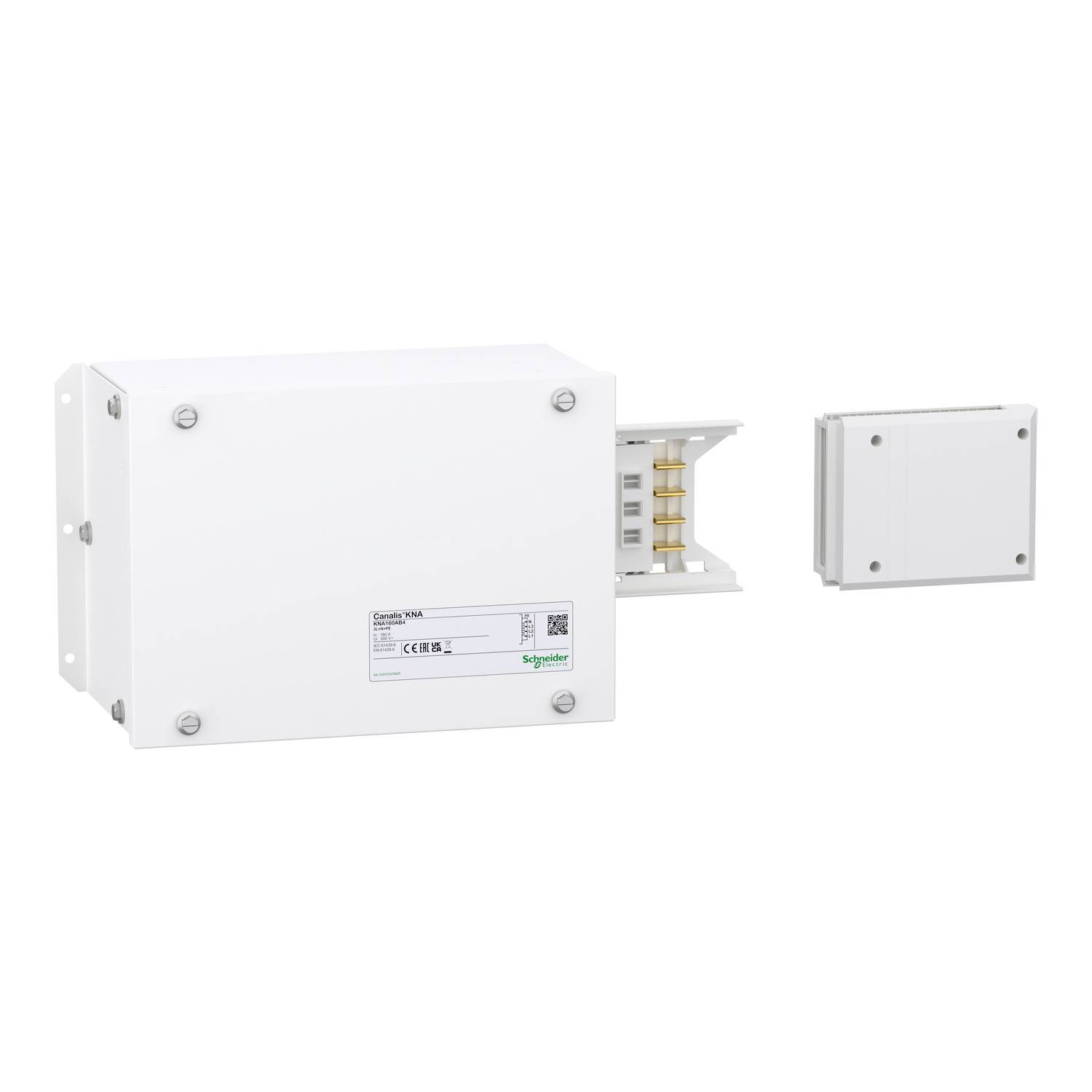 Ein weißes elektrisches Anschluss- bzw. Verteilgehäuse der Marke Schneider Electric mit geöffneter Abdeckung und sichtbaren Anschlüssen.