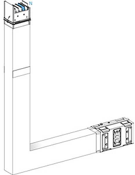 Diagramm einer elektrischen Leitung mit einem rechten Winkel. Oben sind drei farblich markierte Phasen und ein Neutralleiter sichtbar.