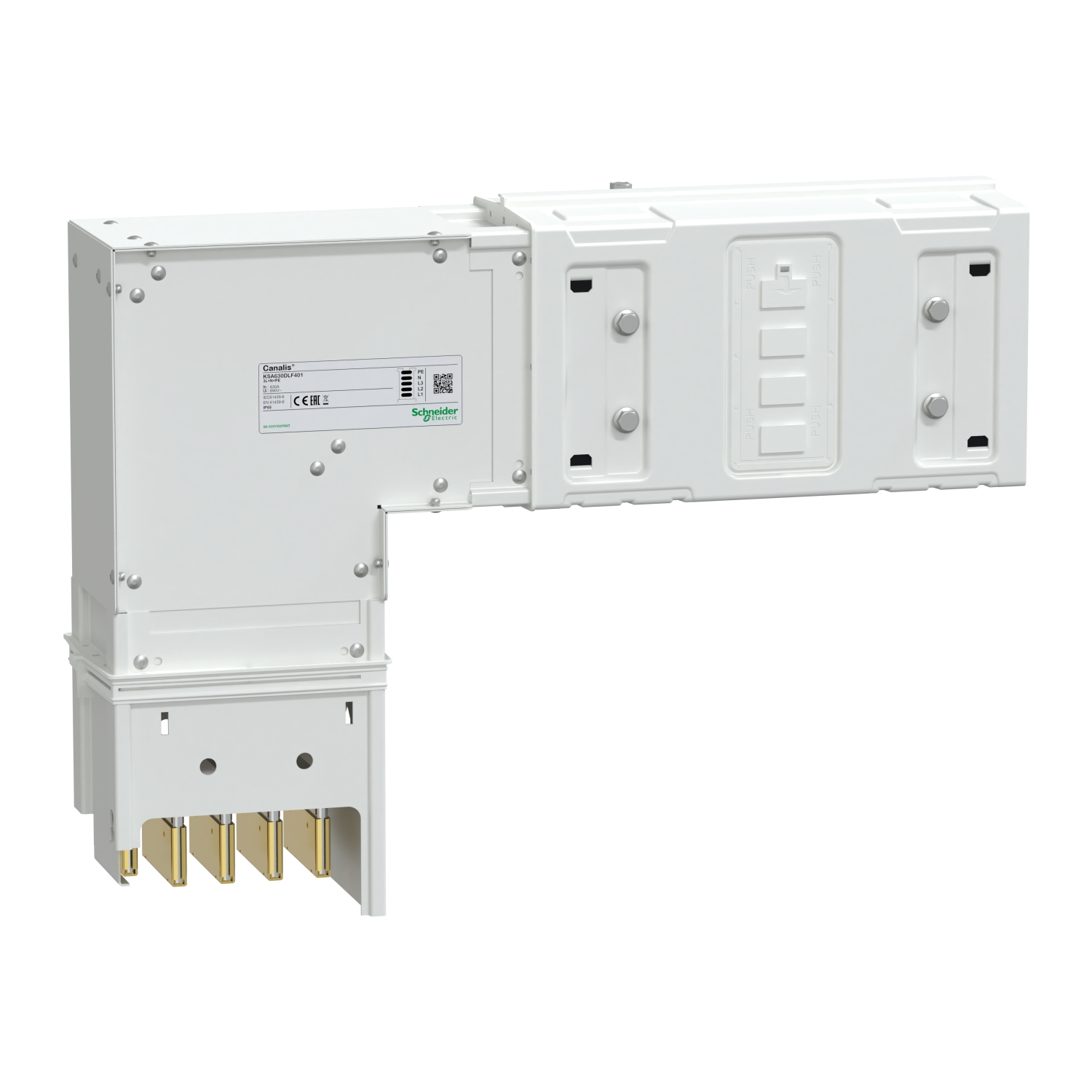 Ein weißes elektrisches Gerät mit mehreren Steckverbindern und einem Etikett. Es scheint Teil einer größeren elektrischen Installation zu sein.