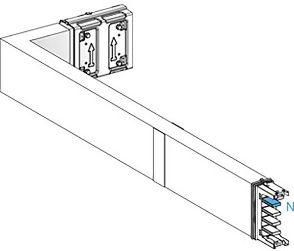 Ein technisches Diagramm zeigt die Seitenansicht einer Kabeltrasse mit zwei vertikal angeordneten Klemmen und einem horizontalen Kabelkanal.