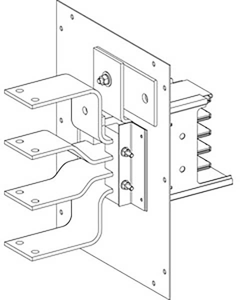 Ein Diagramm zeigt eine technische Zeichnung einer mechanischen Halterung mit drei gestapelten Metallplatten, die an einer Wand befestigt sind.