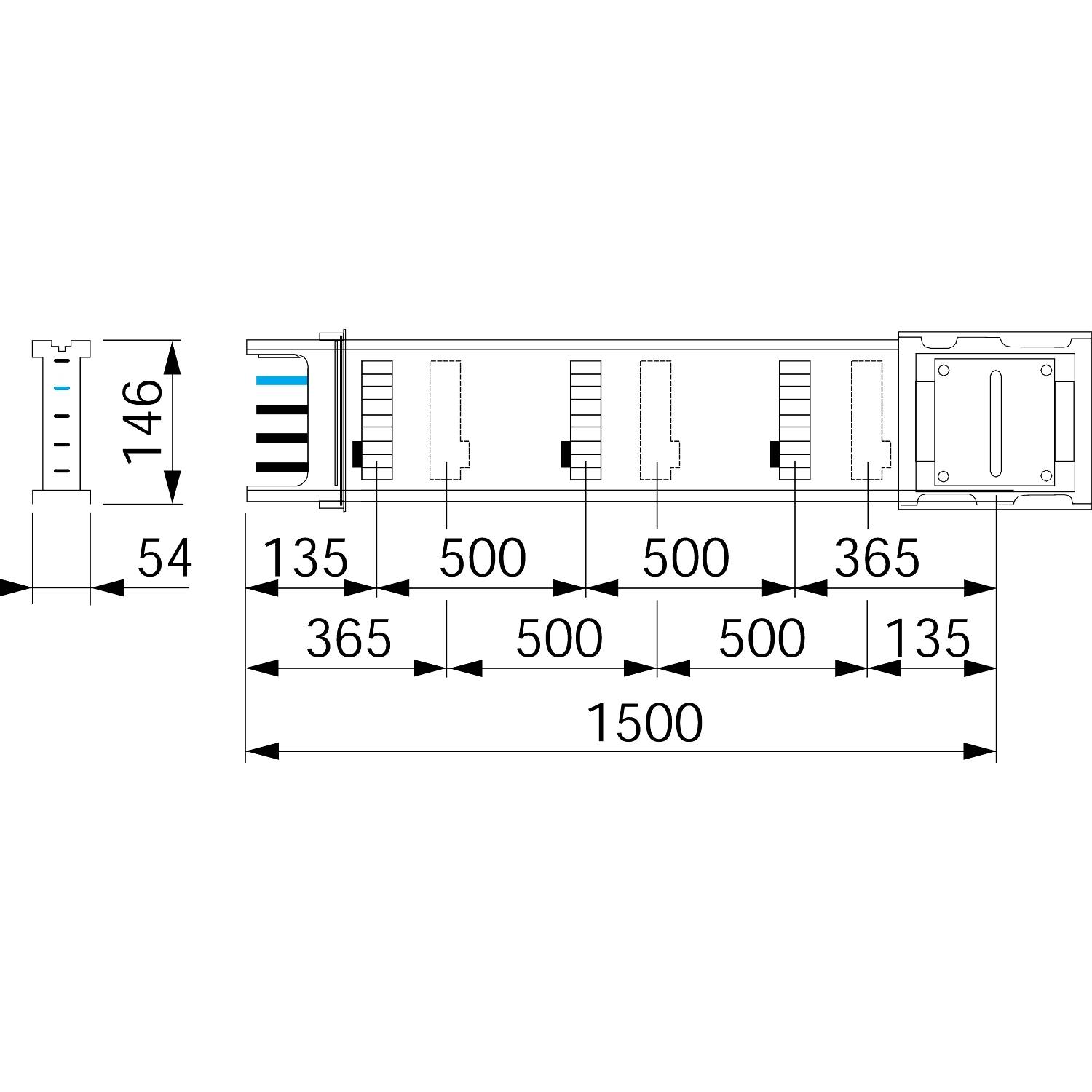 Technische Zeichnung eines Bauplans mit Maßangaben: 1500 mm Länge, 54 mm Höhe, 146 mm Höhe. Detailliert mit Zahlen und Linien.