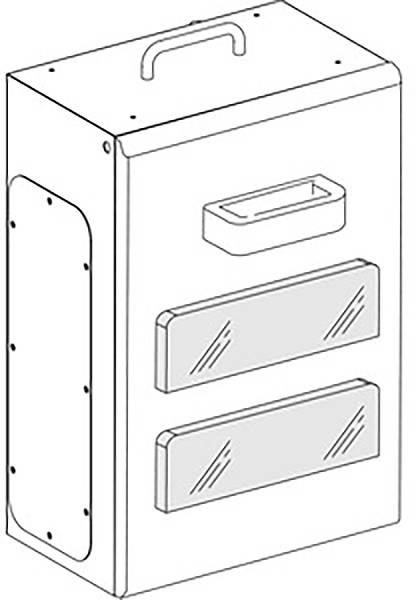 Diagramm einer rechteckigen, tragbaren Box mit Griff oben, zwei Fächern vorne und einer seitlichen Öffnung.
