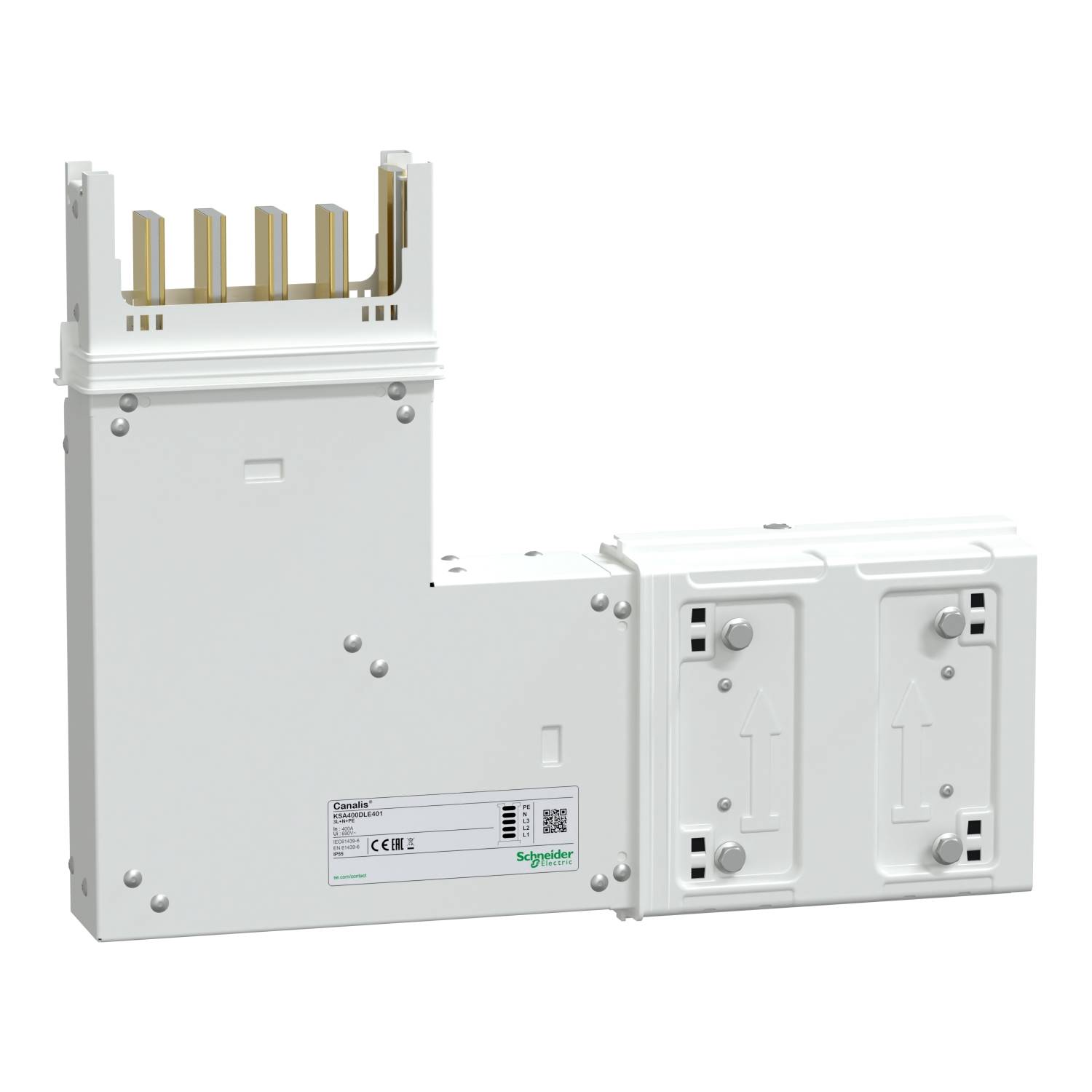 Ein weißer elektrischer Verteilerblock mit goldenen Kontakten, geeignet für industrielle Anwendungen. Enthält Symbole für Anschlüsse.