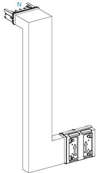 Eine technisches Diagramm zeigt ein L-förmiges, vertikales Rohr mit Anschlüssen oben und unten.