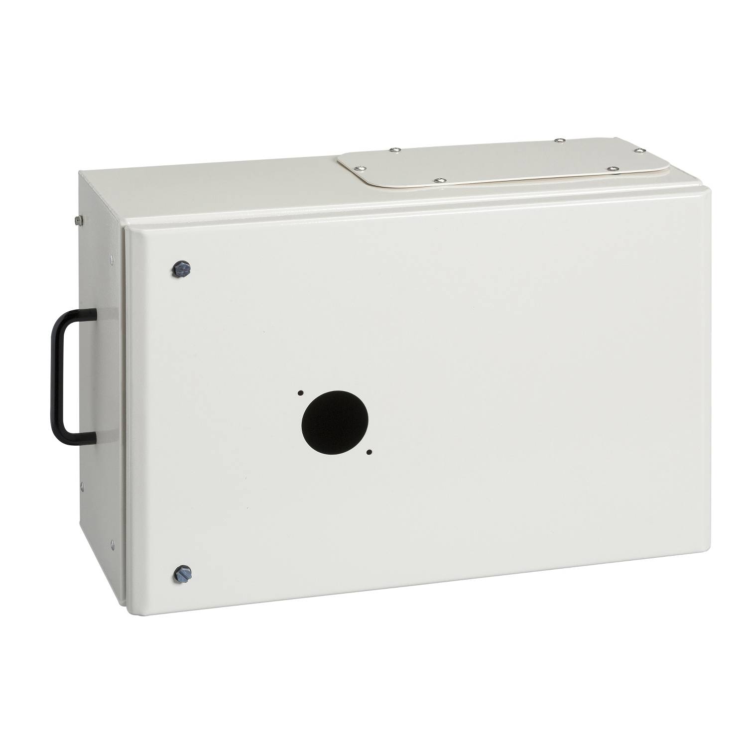 Metallgehäuse mit Griff und runder Öffnung, geeignet für die Wandmontage und Schutz von elektronischen Geräten.