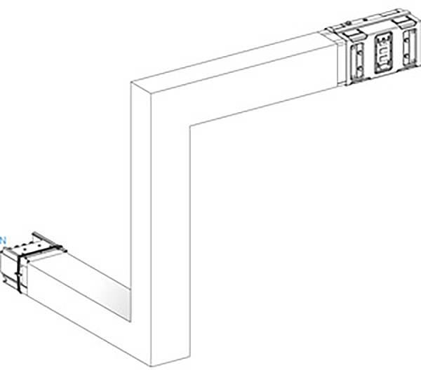 Diagramm eines 90-Grad-Winkelkanalsystems mit rechteckigem Querschnitt, zeigt Verbindungsstücke und Flussrichtung des Luftstroms.