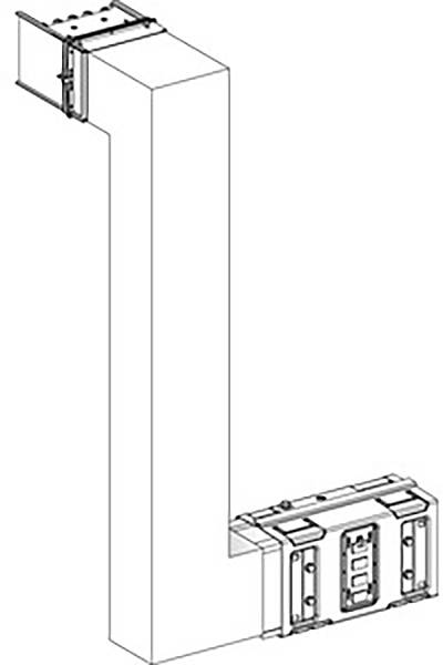 Abbildung eines L-förmigen Bauteils mit Anschlussstücken an beiden Enden, möglicherweise ein Teil eines industriellen Kanalsystems.