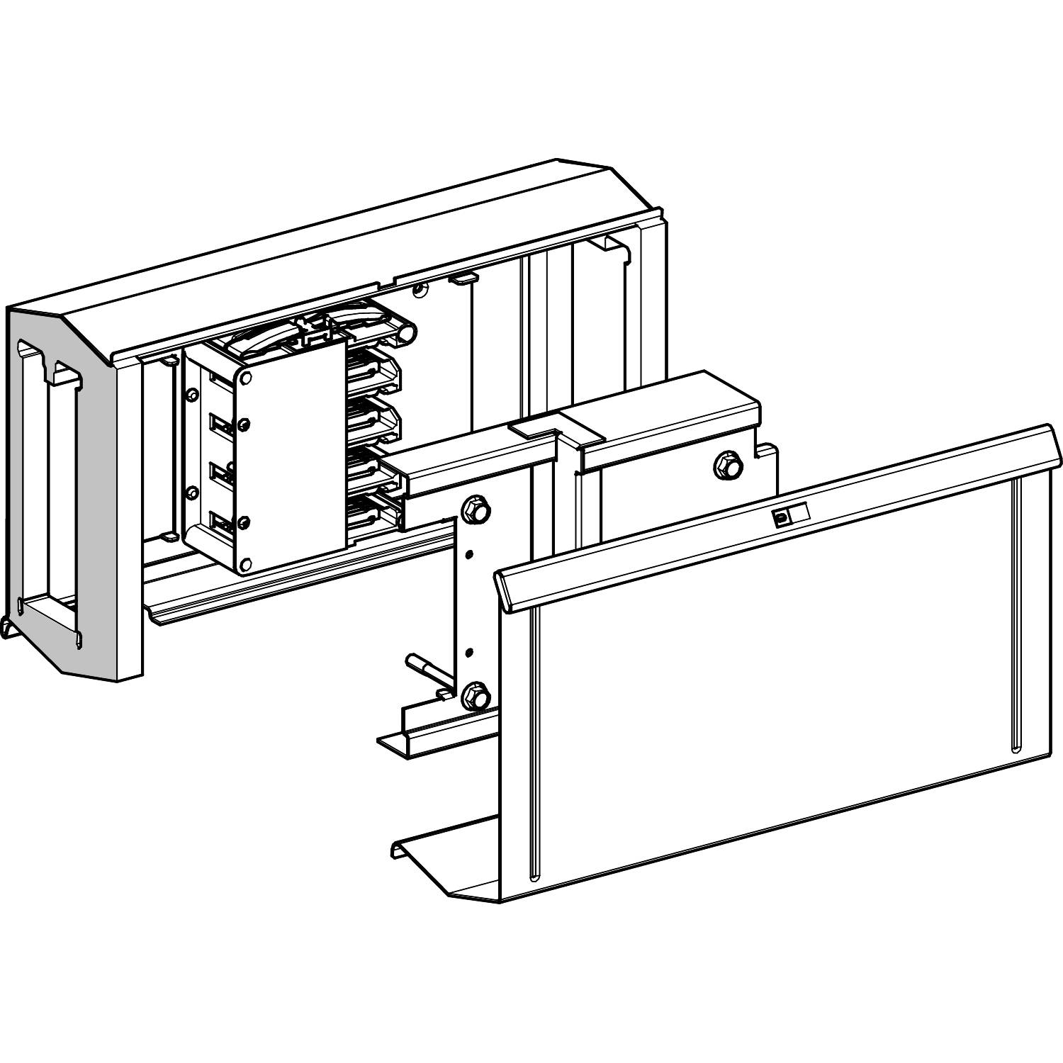 Technische Zeichnung einer mechanischen Vorrichtung mit mehreren Scharnieren und einer herausnehmbaren Frontplatte.