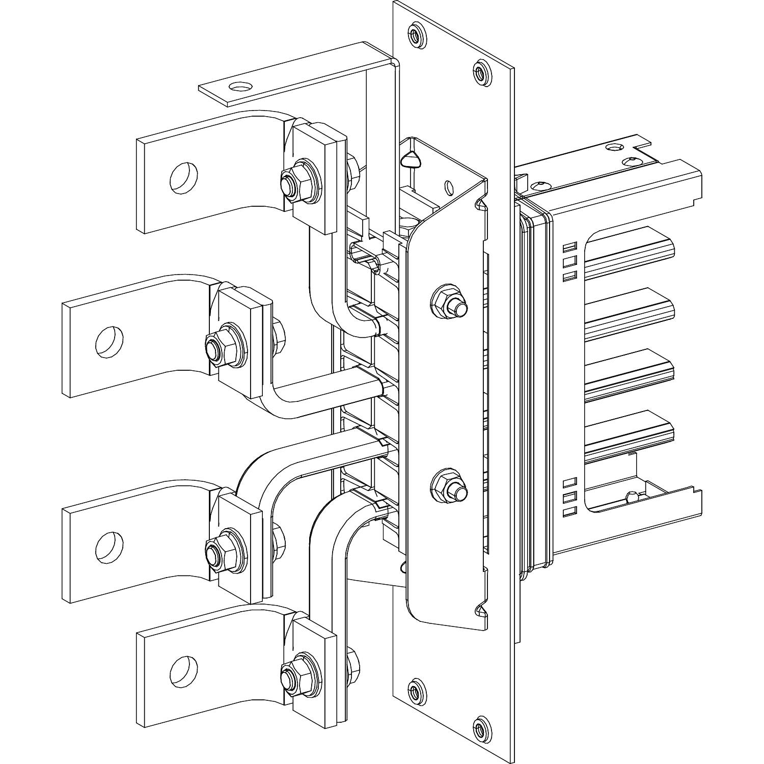 Zeichnung einer elektrischen Schaltanlage mit Schrauben, Metallplatten und Kabelverbindungen. Darstellung der internen Komponenten.