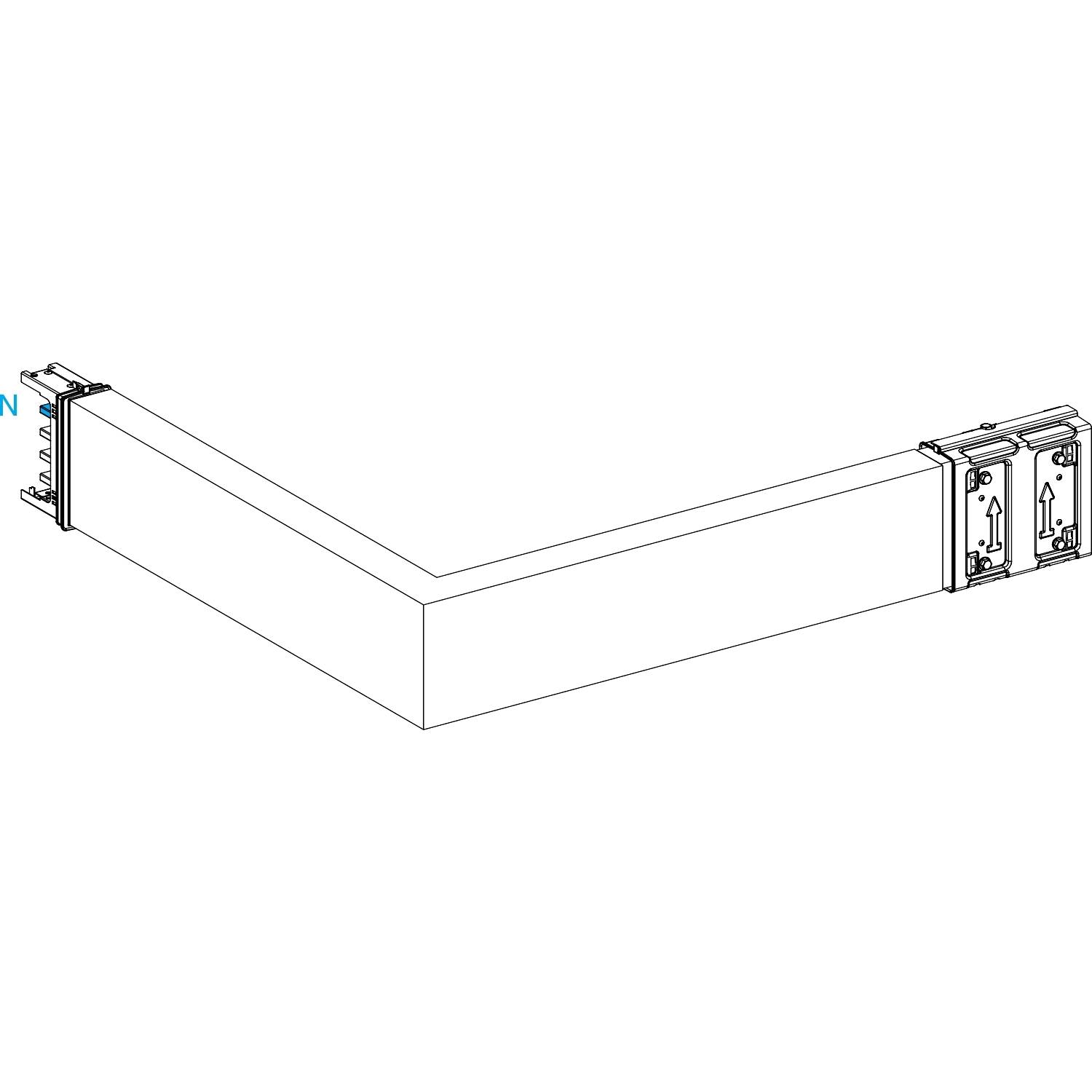 Ein technisches Diagramm zeigt einen rechtwinkligen Kanalverbinder. Es illustriert die Verbindung von zwei linear angeordneten Leitungen.