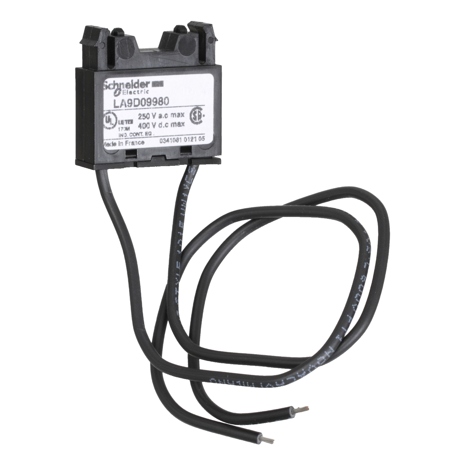 Ein elektrisches Bauteil mit zwei schwarzen Kabeln und einem Aufkleber mit technischen Spezifikationen.