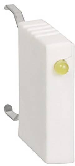 Ein rechteckiges, weißes Kunststoffgehäuse mit zwei Metallklammern und einer kleinen, gelben Leuchte an der Vorderseite.