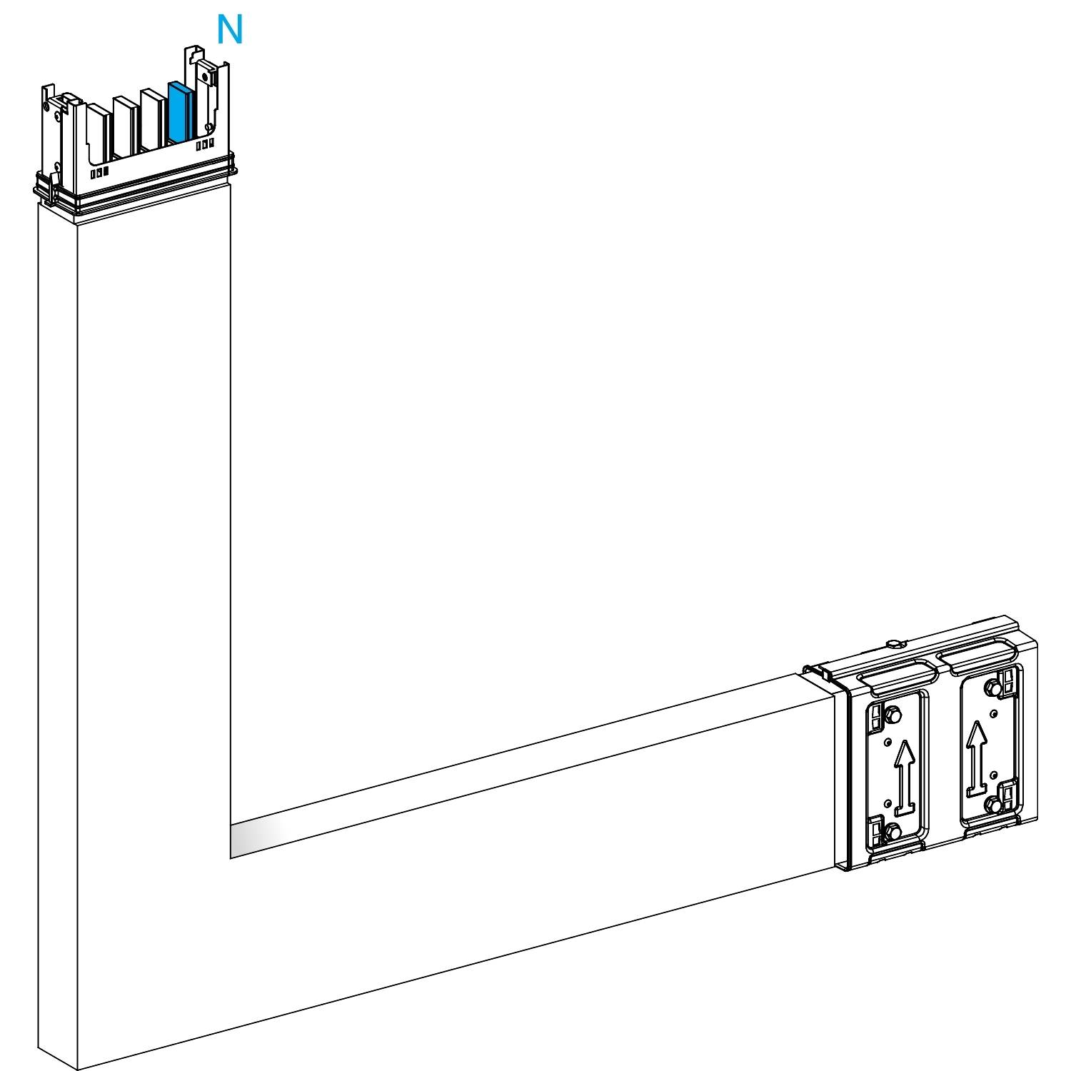 Diagramm eines Winkels aus zwei verbundenen Busbars, mit hervorgehobener blauer Phase 'N' oben links. Verbindungen sind sichtbar.