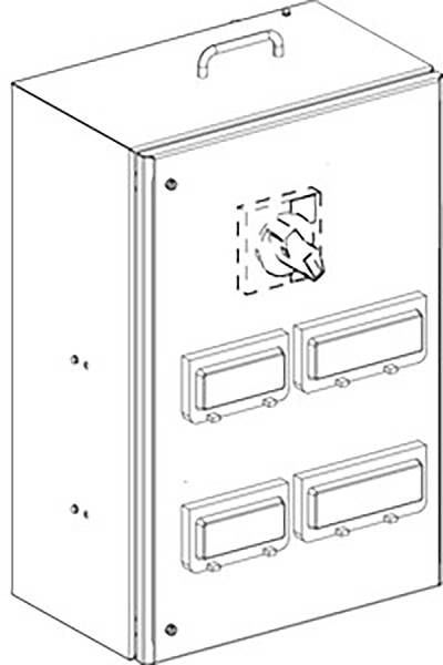 Ein elektrischer Schaltschrank mit einem zentralen Drehknopf und vier rechteckigen Schaltern darunter, an einer Wand montiert.