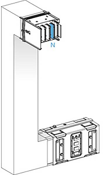 Elektrisches Steckverbindersystem mit Steckdose unten und Abdeckung oben; Kabelverbindung mit markiertem 'N'-Pol in Blau.
