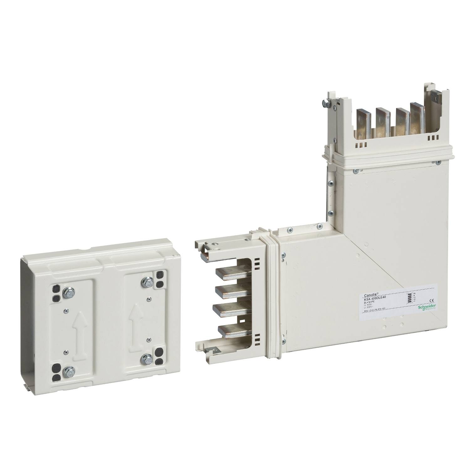 'Schneider Electric' TP-Verbindungselement, weiß, mit offenem Endstück oben und geschlossenem Stück links daneben.
