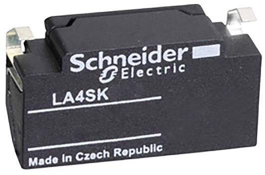 Ein elektronisches Bauteil, schwarz, mit der Aufschrift 'Schneider Electric LA4SK', hergestellt in der Tschechischen Republik.