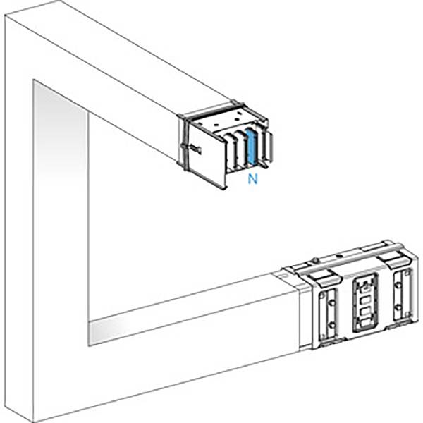 Ein Diagramm zeigt ein modulares elektrisches Busbarsystem mit zwei abgewinkelten Verbindungselementen und einem neutralen blauen Leiter.