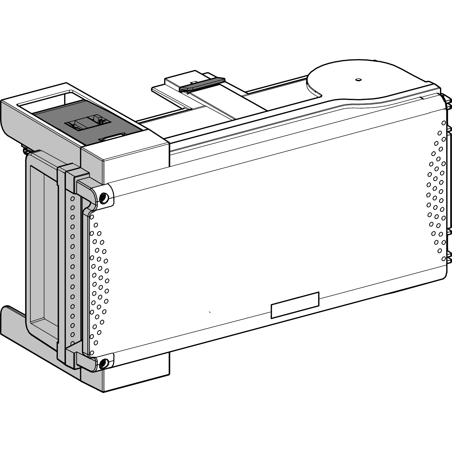 Ein Schema eines Tintenpatronenhalters, der Details zur Struktur und zum Design zeigt. Inklusive Patronenfach und Einrastmechanismen.