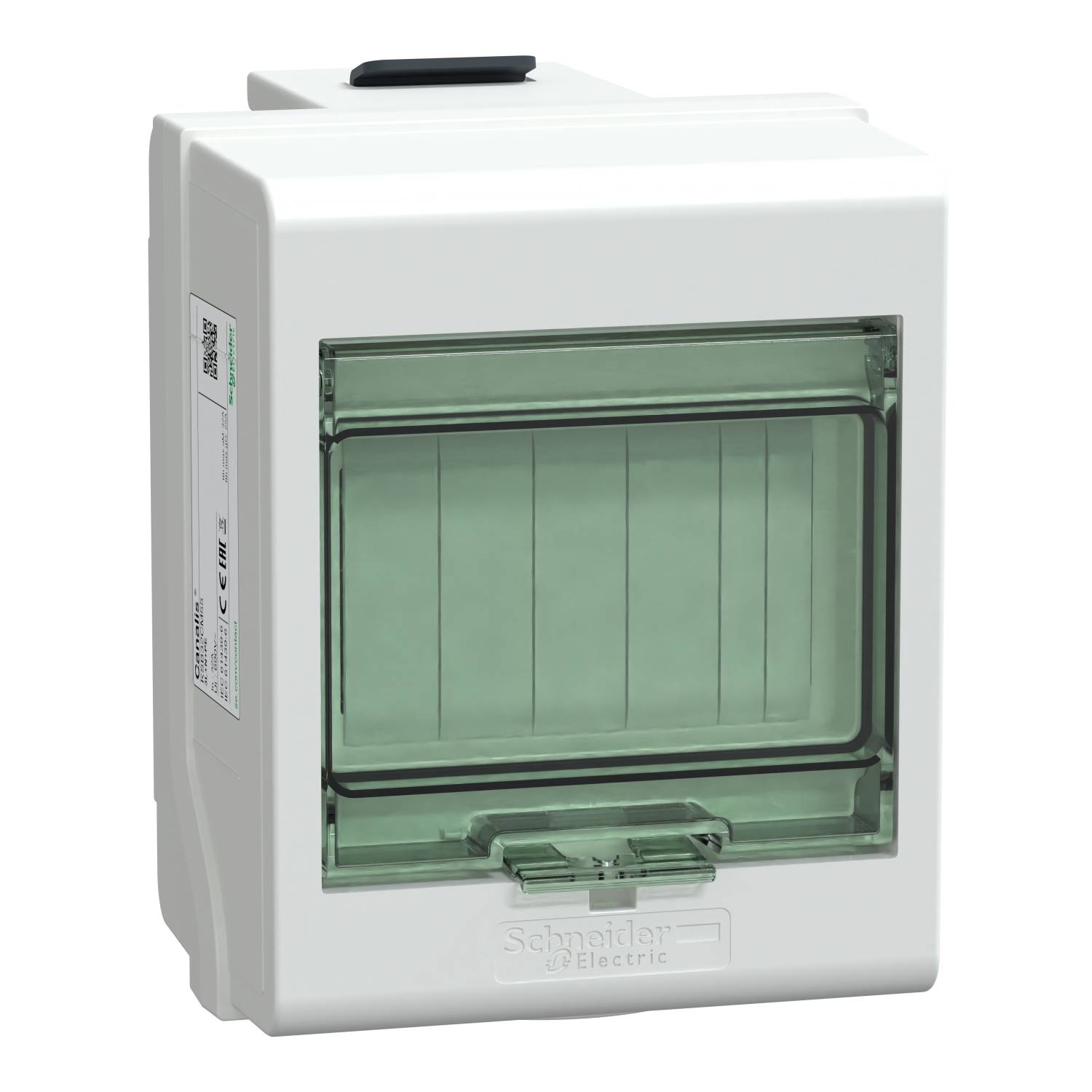 Ein kleiner, weißer Sicherungskasten von Schneider Electric mit transparentem Deckel, geeignet für die Montage von Sicherungen in Gebäuden.